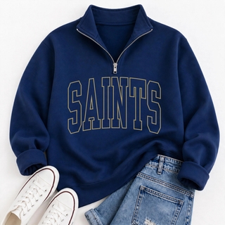 Navy quarter zip pullover with Saints varsity outline lettering design