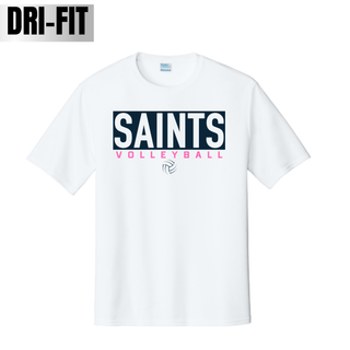 White Topeka Saints Volleyball letter block dri-fit performance top with navy block lettering and pink volleyball script