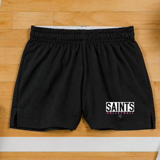 Topeka Saints Volleyball letter block jersey knit squad short in black flat lay