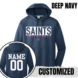 Deep navy Topeka Saints Volleyball letter block performance hoodie with customized name and number on back