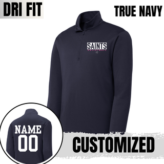Topeka Saints Volleyball letter block quarter zip pullover in true navy with customized name and number on back
