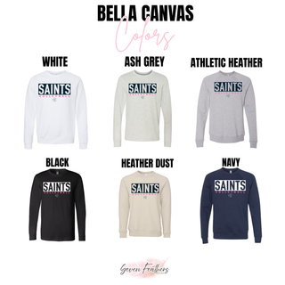 Topeka Saints Volleyball letter block top Bella Canvas color options in white, ash grey, athletic heather, black, heather dust, and navy