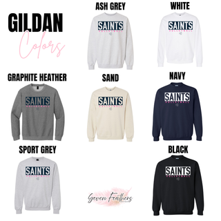 Topeka Saints Volleyball letter block top Gildan color options in ash grey, white, graphite heather, sand, navy, sport grey, and black