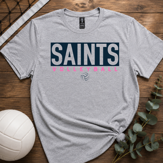 Grey Topeka Saints Volleyball letter block top with navy block lettering and pink volleyball script laid flat with volleyball