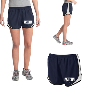 Woman wearing navy Topeka Saints Volleyball letter block women's cadence short with white block lettering