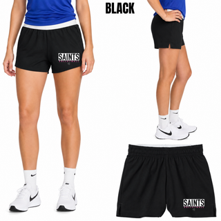 Woman wearing Topeka Saints Volleyball letter block jersey knit squad short in black