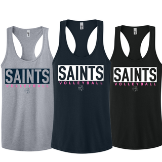 Topeka Saints Volleyball letter block women's racerback tank in heather grey, midnight navy, and black