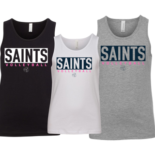 Topeka Saints Volleyball letter block youth jersey tank in black, white, and heather grey with block lettering and pink volleyball script