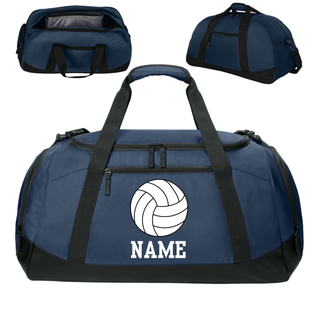 Detail views of navy Topeka Saints Volleyball duffel bag showing top opening, side pocket, and front design