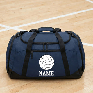 Navy Topeka Saints Volleyball personalized duffel bag with volleyball graphic and name on gym floor