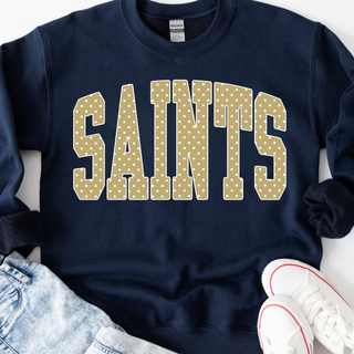 Navy Topeka Saints Volleyball Polka Dot crewneck sweatshirt styled with denim and sneakers