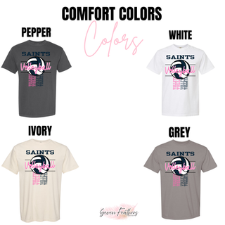Topeka Saints Volleyball Pop Comfort Colors top in pepper, white, ivory, and grey