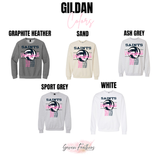 Topeka Saints Volleyball Pop Gildan crewneck in graphite heather, sand, ash grey, sport grey, and white