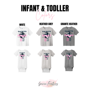 Topeka Saints Volleyball Pop infant onesie and toddler top in white, heather grey, and granite heather
