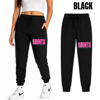 Black core fleece jogger with pink Saints Volleyball retro design, Topeka Saints Volleyball spirit wear