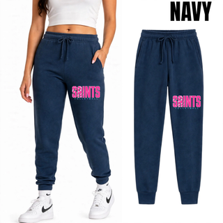 Navy core fleece jogger with pink Saints Volleyball retro design, Topeka Saints Volleyball spirit wear