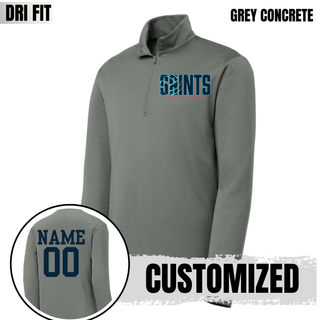 Concrete Dri-Fit Quarter Zip Pullover with navy and blue Saints Volleyball logo and customized name and number on back