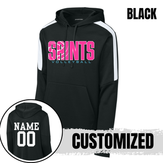 Black Fan Favorite Hoodie with pink Saints Volleyball logo and customized name and number on back