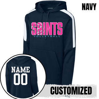 Navy Fan Favorite Hoodie with pink Saints Volleyball logo and customized name and number on back