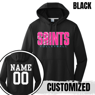 Black Performance Fleece Hoodie front design with customizable name and number on back, Topeka Saints Volleyball