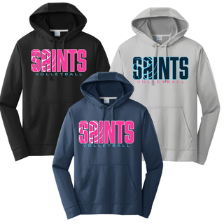 Topeka Saints Volleyball Retro Performance Fleece Hoodie shown in black, silver, and navy