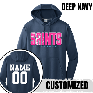 Deep navy Performance Fleece Hoodie front design with customizable name and number on back, Topeka Saints Volleyball