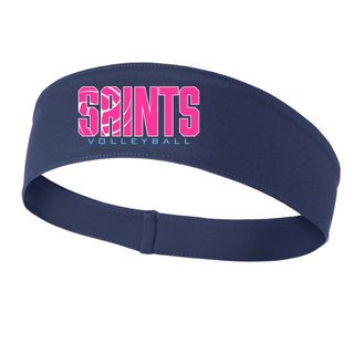Navy PosiCharge Competitor Headband with pink Saints Volleyball logo laid flat