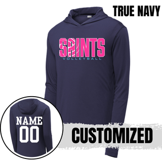 True navy PosiCharge Competitor Hoodie with pink Saints Volleyball logo and customized name and number on back