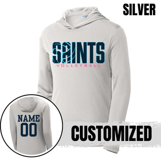 Silver PosiCharge Competitor Hoodie with navy and pink Saints Volleyball logo and customized name and number on back