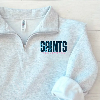 Ash grey Quarter Zip Pullover flat lay with navy and blue Saints Volleyball logo on chest