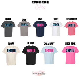 Topeka Saints Volleyball Retro Top Comfort Colors color options including pepper, navy, crunchberry, and neon pink