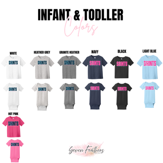 Topeka Saints Volleyball Retro Top infant onesie and toddler tee color options including navy, black, and hot pink