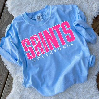 Light blue Comfort Colors top with pink retro Saints Volleyball design, Topeka Saints Volleyball spirit wear