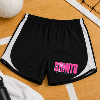 Black women's Cadence performance short with white side panel and pink Saints Volleyball retro design, Topeka Saints spirit wear