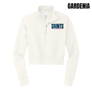 Topeka Saints Volleyball Retro Women's Cropped 1/2-Zip in gardenia with navy and blue logo