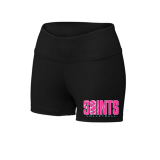 Black women's Interval short with pink Saints Volleyball retro design on the hip, Topeka Saints Volleyball spirit wear