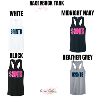 Women's Racerback Tank shown in white, midnight navy, black, and heather grey with Saints Volleyball logo