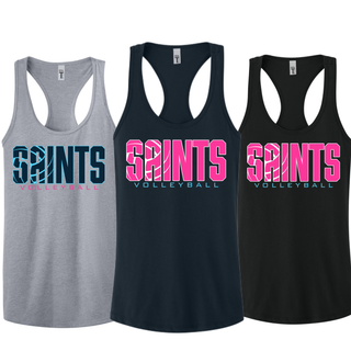 Topeka Saints Volleyball Retro Women's Racerback Tank in heather grey, navy, and black