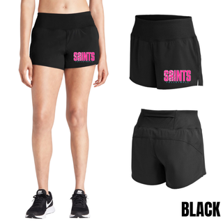 Front, side, and back detail views of black Repeat Short with Saints Volleyball logo and pocket