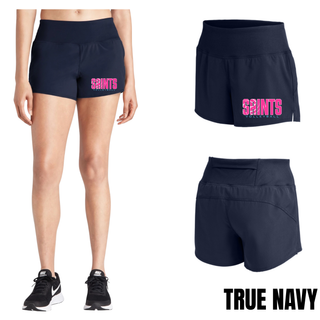 Front, side, and back detail views of navy Repeat Short with Saints Volleyball logo and side pocket