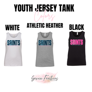 Youth Jersey Tank shown in white, athletic heather, and black with Saints Volleyball logo