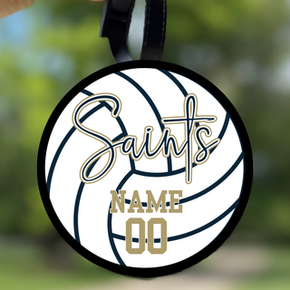 Round white volleyball bag tag with navy and gold Saints script logo and personalized name