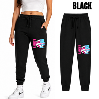 Black core fleece jogger with pink and blue Saints Volleyball spike club design on model