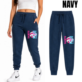 Navy core fleece jogger with pink and blue Saints Volleyball spike club design on model