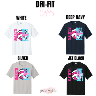 Dri-Fit performance top in white, deep navy, silver, and jet black with Saints Volleyball design