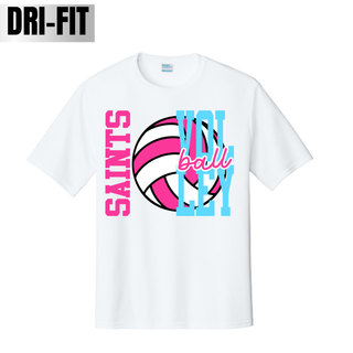 White Dri-Fit performance top with pink and blue Saints Volleyball spike club design