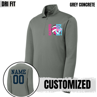 Grey concrete Dri-Fit quarter zip pullover shown with customized name and number on back