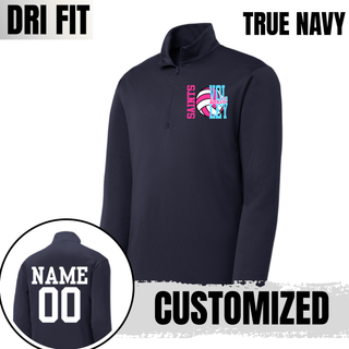 True navy Dri-Fit quarter zip pullover shown with customized name and number on back
