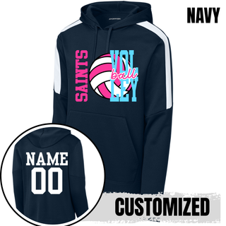 Navy and white Fan Favorite hoodie shown with customized name and number on back
