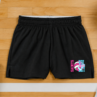 Black jersey knit squad short with pink and blue Saints Volleyball spike club design